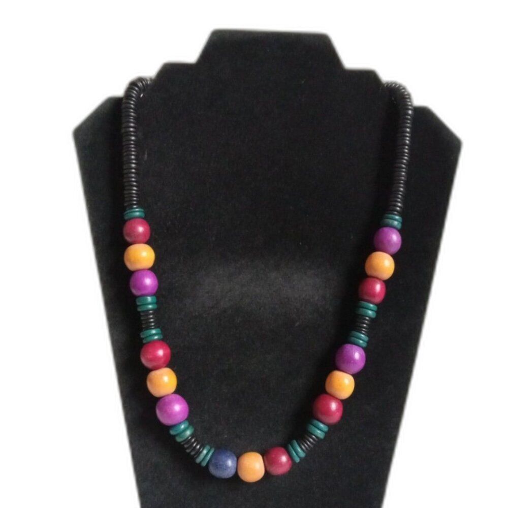 Vintage Black and Multicolored Assorted Wooden Bead Single Strand Boho Necklace